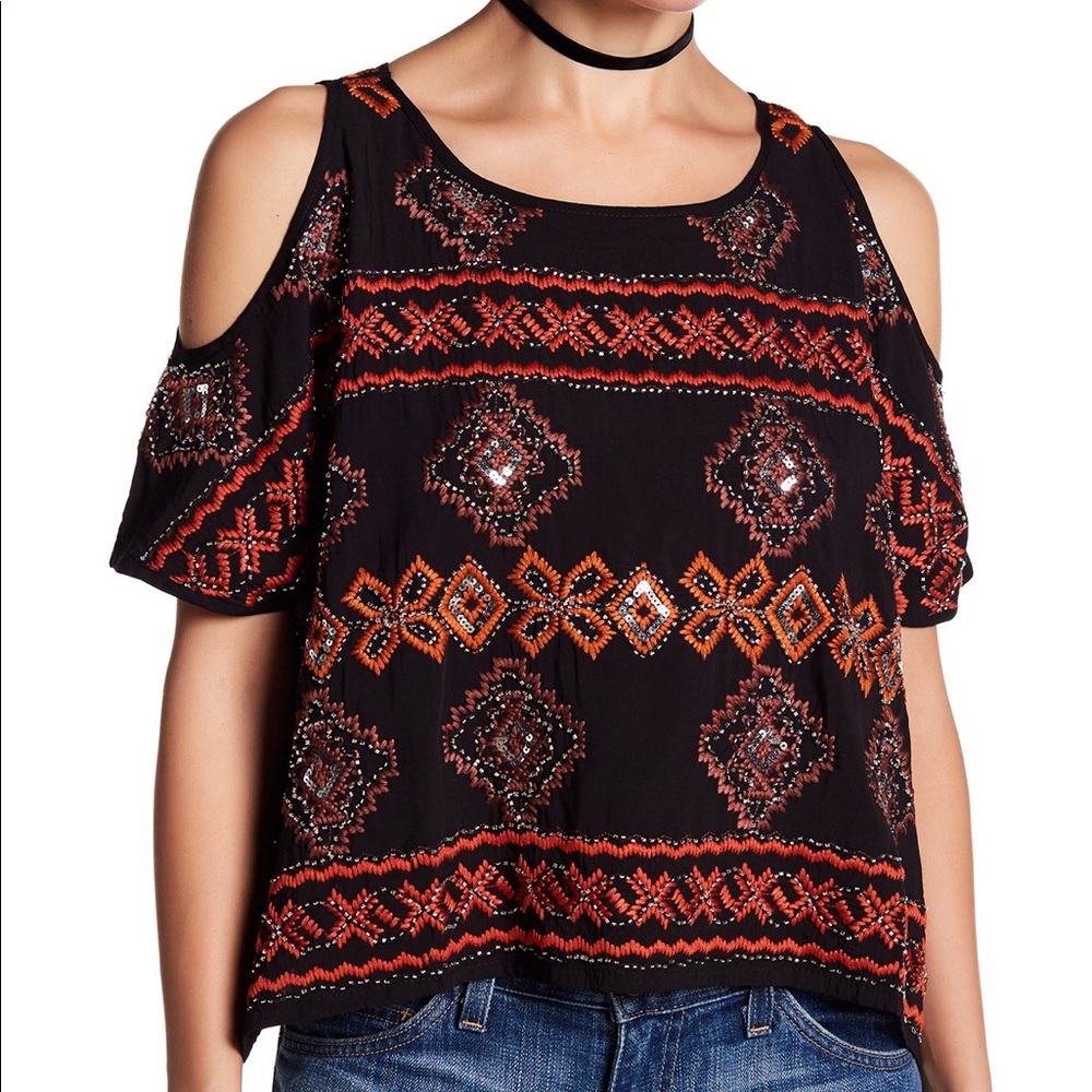 Endless Rose Hippie Embroidered Cold Shoulder Top